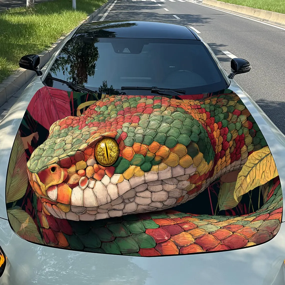 Fearsome Colorful Snake Car Hood Stickers - Self-Adhesive, Waterproof and Durable Vinyl Wrap, Decorate And Protect Your Car - Th