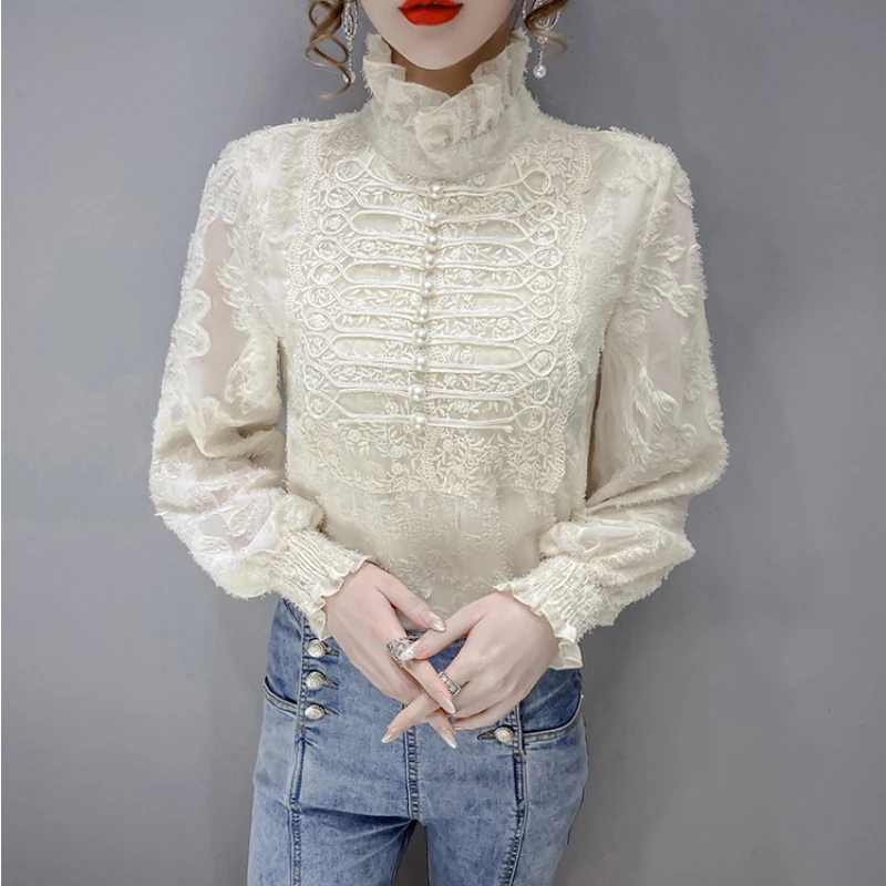 بلوزات بياقة قائمة على المحيط للنساء ، قمصان دانتيل عتيقة ، موضة كورية ، قمم بكشكشة ، أحادية اللون ، الخريف والشتاء