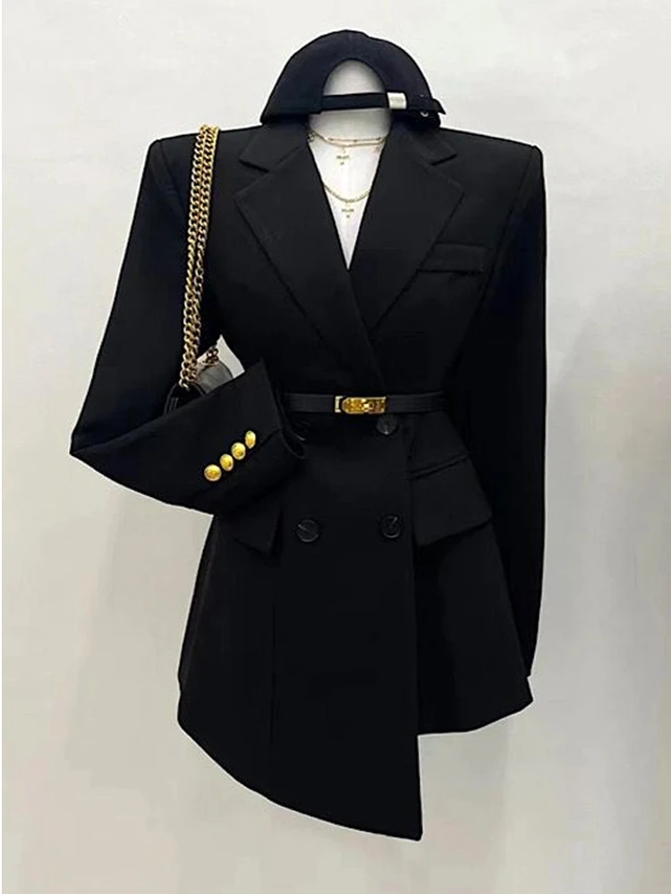 Veste de costume longue noire à la mode pour femme, coupe couvertes en métal, double boutonnage, veste irrégulière, veste de bureau décontractée,