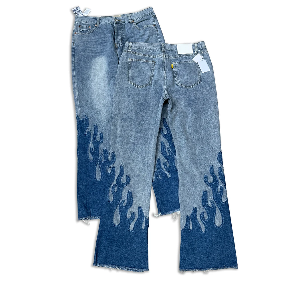 

2024 Retro Vintage Micro-flared Jeans High Quality Patchwork Flame Flared Pants Men Washed Old Baggy Jeans Trendy Denim Trousers