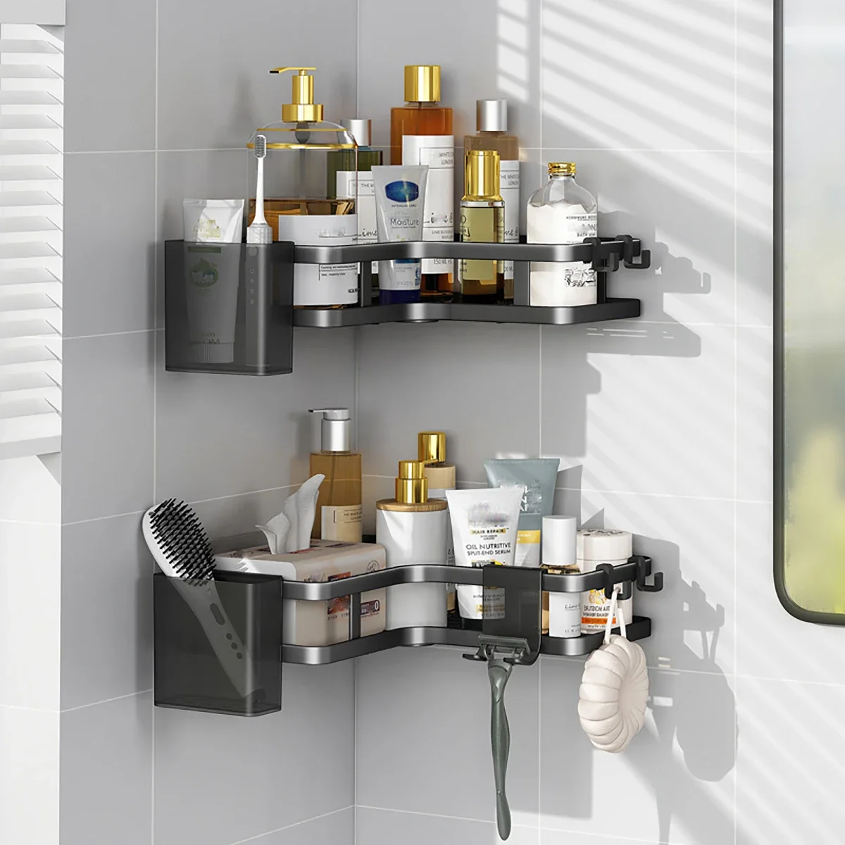 Corner Shower caddy Adhesive Shower Corner Organizer Shelves No Drilling Shower Storage Rack Hooks&Toothpaste Holder Bathroom