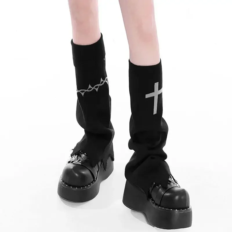 

Y2k Japanese Harajuku Leg Warmers Grunge Gothic Knit Sock Covers Stacked Socks Women Asymmetric Design Socks Black