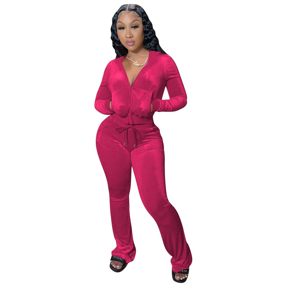 JENYAGE Damen Y2K Einfarbiger Velours Zweiteiler Trainingsanzug mit Reißverschluss-Kapuzenjacke und ausgestellter Hose mit Kordelzug, lässiger Jogginganzug – Detail 12