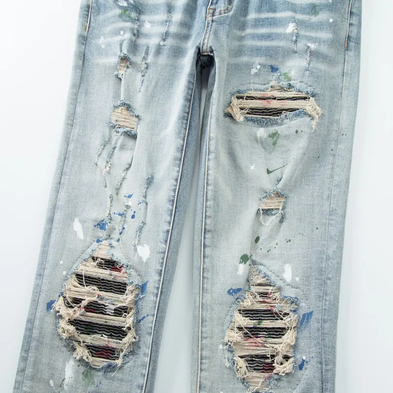 Fashionable new men's jeans stretch slim fit perforated patch washed blue jeans designer high street hip-hop brand pants