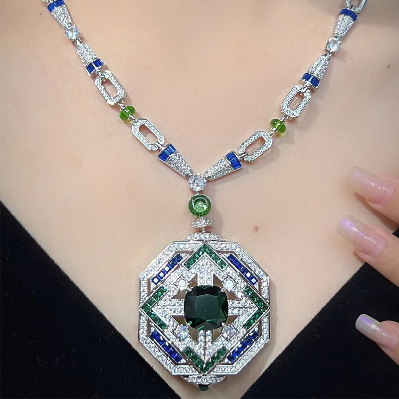 

Designer Collection Dinner Party Necklace Women Lady Inlay Green Cubic Zircon Hexagon Pendant Silver Color Chain Choker
