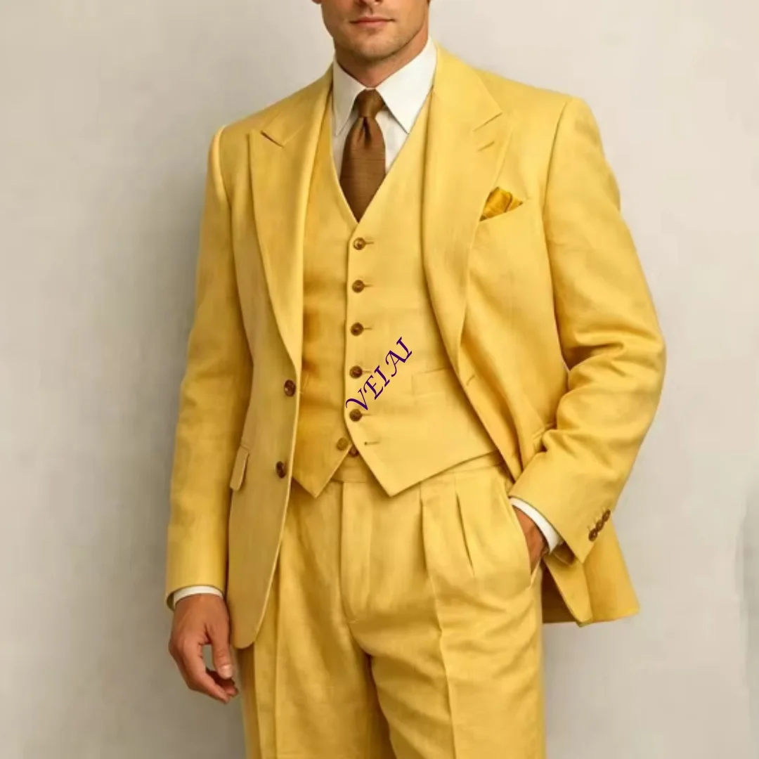CustomizedSage Green Linen Wedding Suits for Men 3 Pieces Summer Men Suits with Vest Slim Fit Groom Tuxedo Blazer Trousers Set