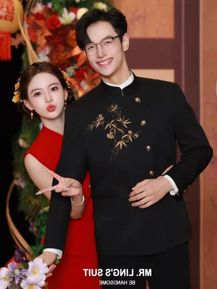 Chinese Style Embroidered Golden Bamboo Stand Collar Wedding Suit Men's Formal Wear Casual Western Jacket Youth Fashion City