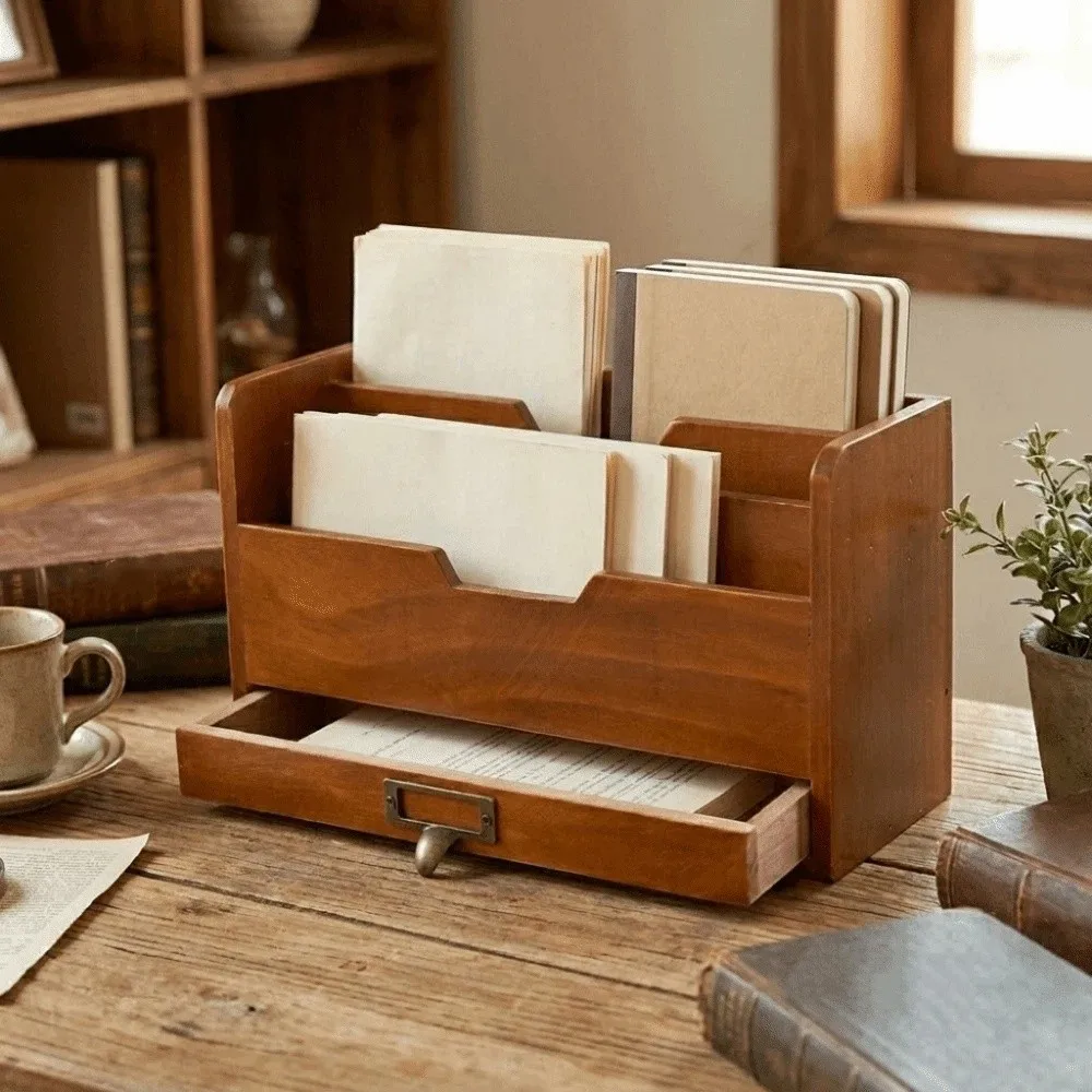 Wooden File Sorting Box Multi-layer Large Capacity Grocery Organizer Space Saving Rustic Stationery Storage Containers for Home