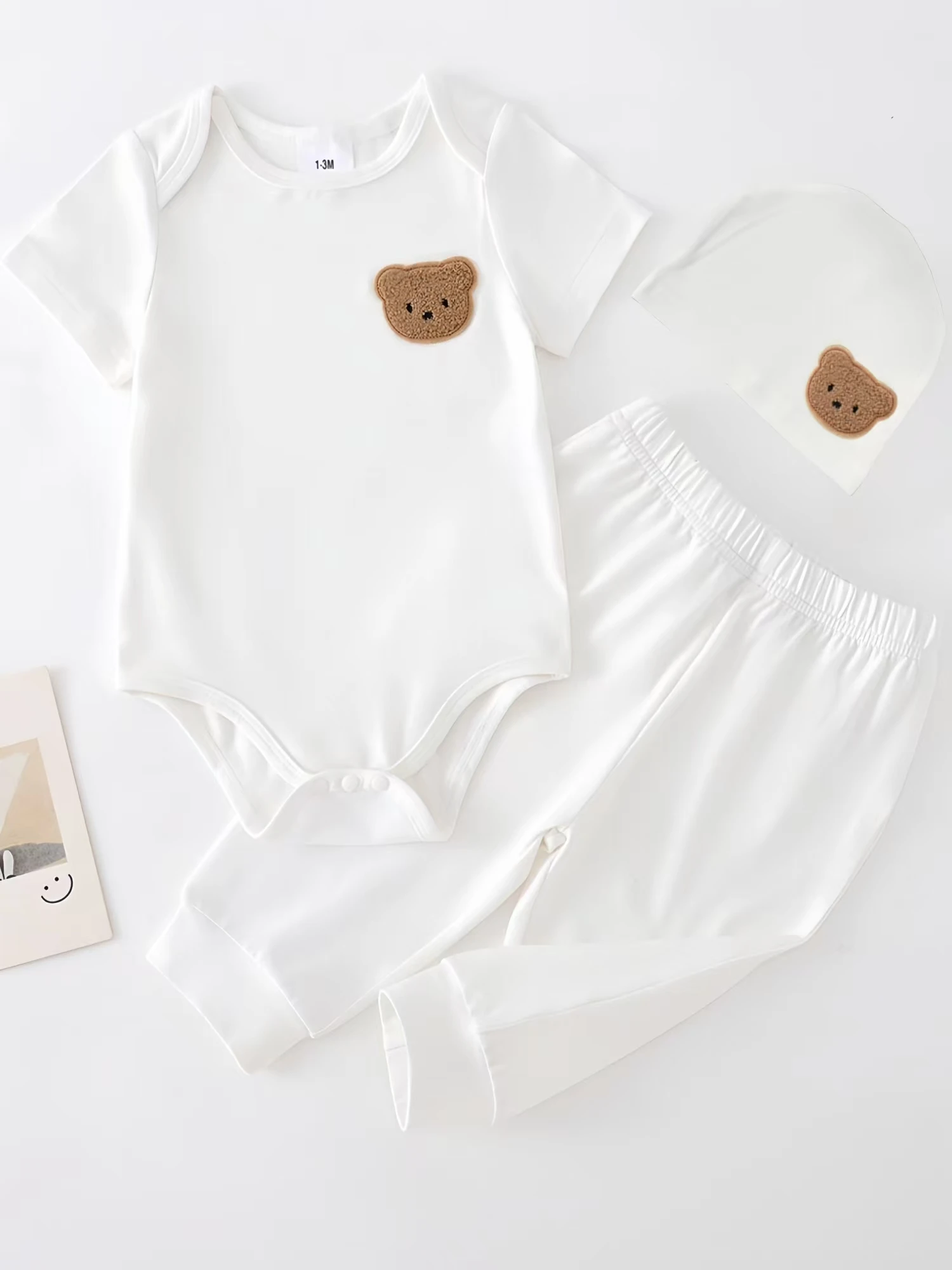 

Somenie Baby Jumpsuit Clothes Suit Boys Girls Cute Embroidery Bear Label Short Sleeve Triangle Crawling Suit + Pants + Hat 3 P