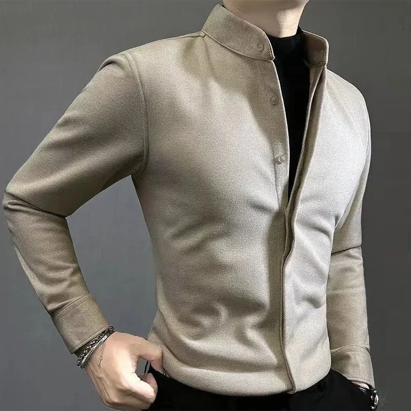 

Male Stand Collar Thick Warm Bottoming Shirt Homme Long Sleeve Casual Fashion Vintage Buttons Blouse Men Top Homme XT993