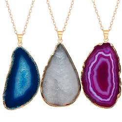 Irregular Big Natural Agate Slice Pendant for Women Men Geode Stone Healing Crystal Necklace with Gold Edge