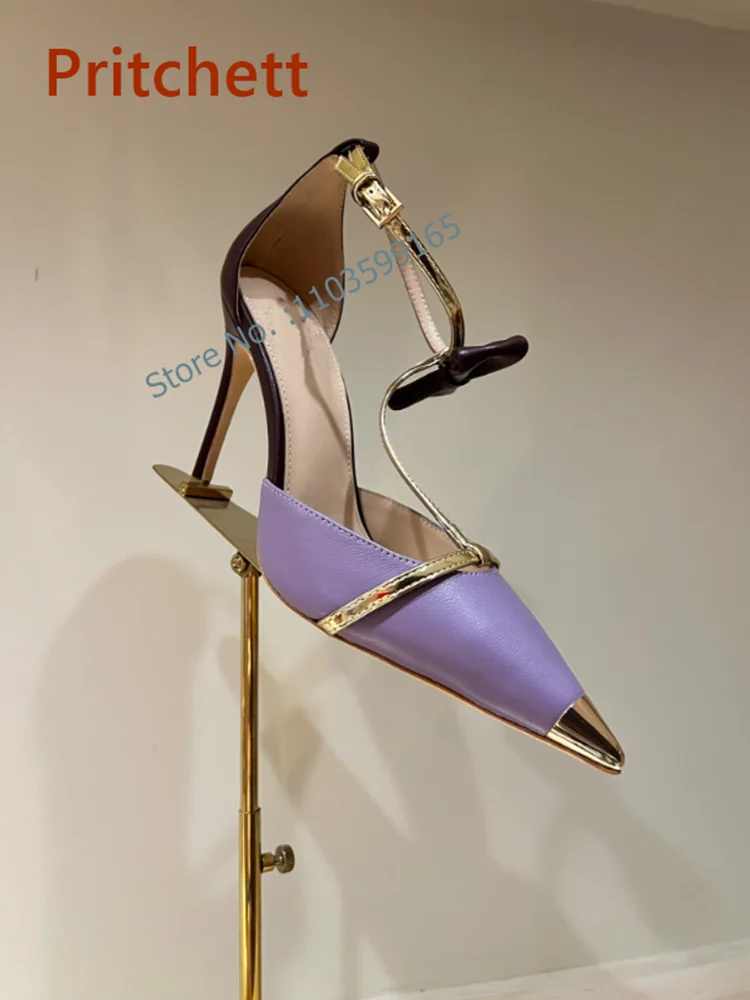 

Pointed Toe Mixed Color Sandals Butterfly Knot Buckle Strap Thin Heels Leather Shoes T-Strap Summer Party Shoes Elegant