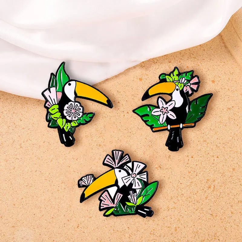 Cute Cartoon Toucan Flower Plant Enamel Brooch Creative Animal Sweet Design Lapel Pin Badge Backpack Clothing Hat Accessories