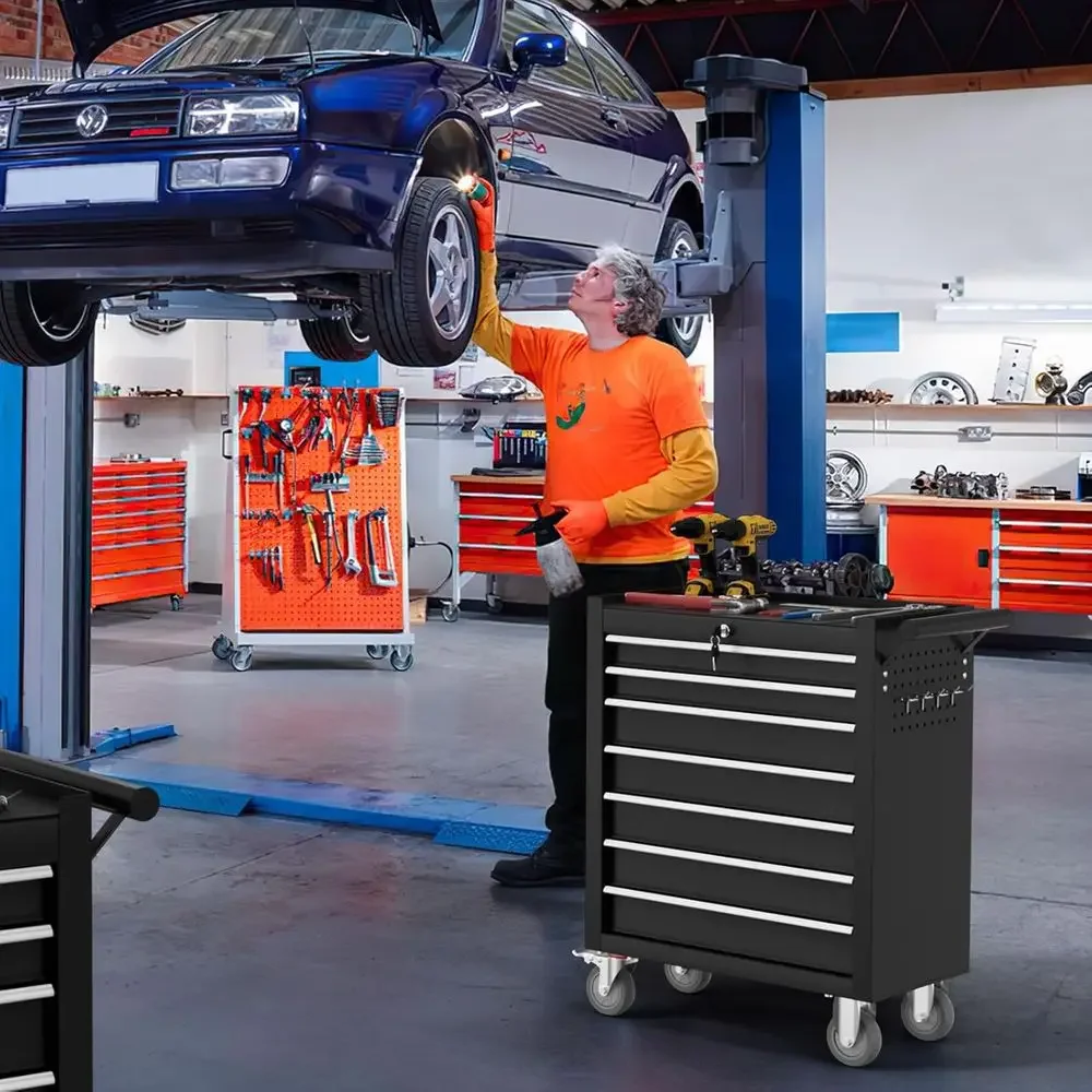 Portable Rolling Tool Chest with Locking System for Garage and Workshop - Black