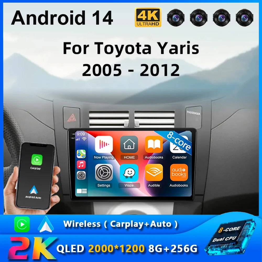 

Android 14 Carplay Auto Car Radio For Toyota Yaris 2005 - 2012 Navigation GPS Multimedia Player video Stereo wifi+4G BT 2DIN DVD