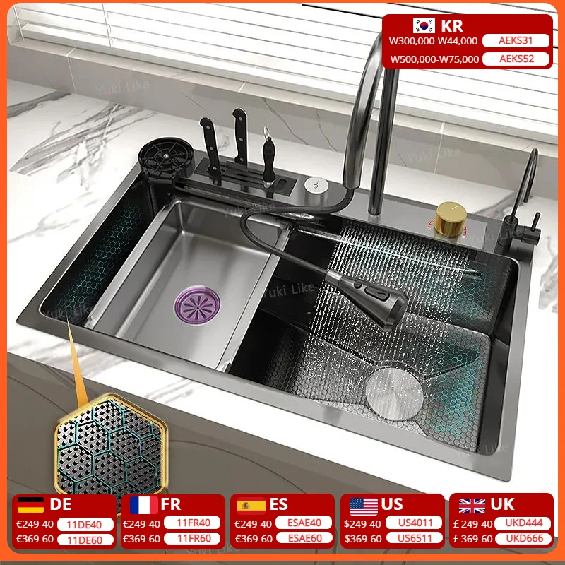 

Waterfall Sink Kitchen Stainless Steel Topmount Sink Embossed Large Single Slot Wash Basin With Multifunction Tank Low Price