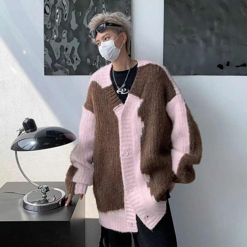 

Couple Versatile Autumn Winter American Hip Hop Color Blocked V Neck Loose Cardigan Sweater Men's Vintage Knit Coat Trendy