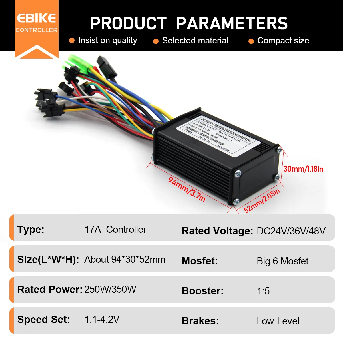 Three-Mode Ebike Controller 17A 24V/36V/48Vwith Speed limit Function LCD Color Display For 350W Wheel Hub Motor Conversion Parts