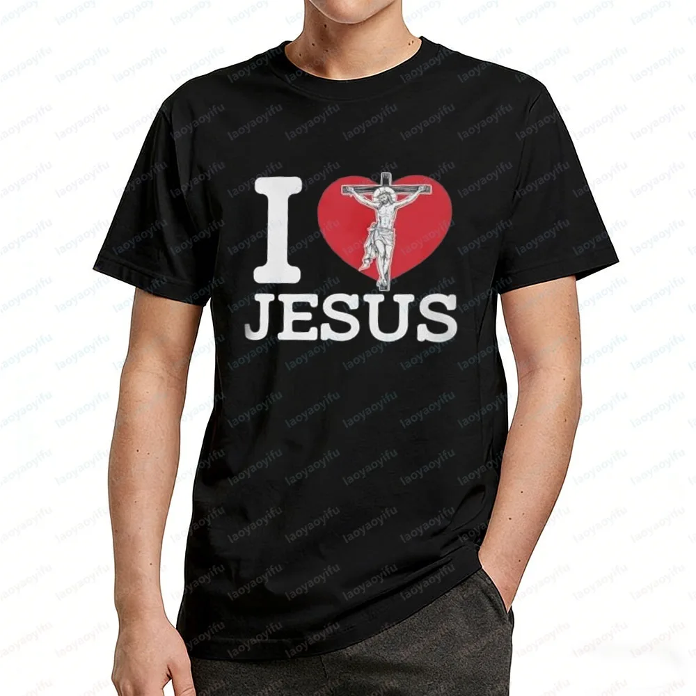 I Love Jesus Crucifix Print Tshirt  for Men Vintage Christian Tee Faith Enthusiast Classic Fashion Simple Religion Summer Tops