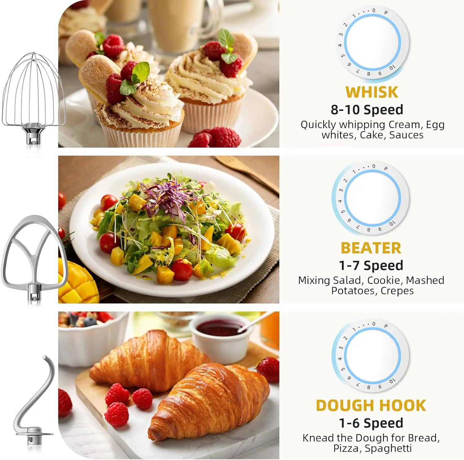خلاط كيتشن إيد بسعة 6 لتر برأس مائل، 10 سرعات مع وعاء من الفولاذ المقاوم للصدأ وخطاف العجين ومضارب للخبز والخلط
