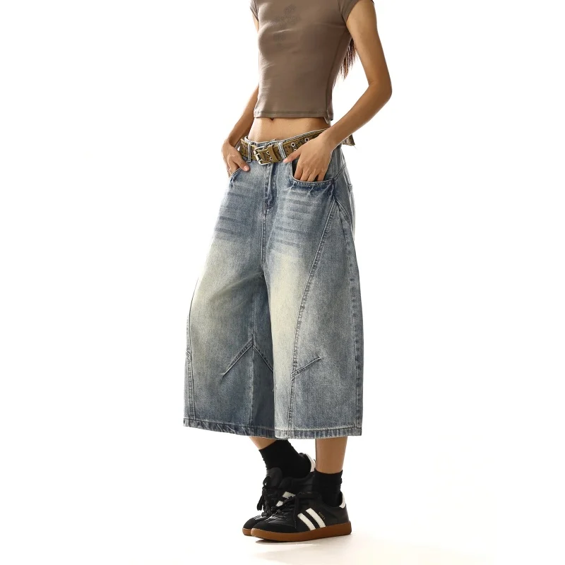 Women's Curved Loose Wide Legs Unisex Cropped Jeans Cool Girl Calf-length Pants Female Capris Straight Trousers Denim Shorts