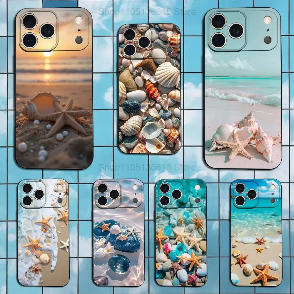 Casing Ponsel Starfish Beach Shells Untuk iPhone 17,16,15,14,13,12,11,Plus,Pro Max,XS,X,XR,SE,Mini,8,7, Penutup Silikon Lembut Hitam