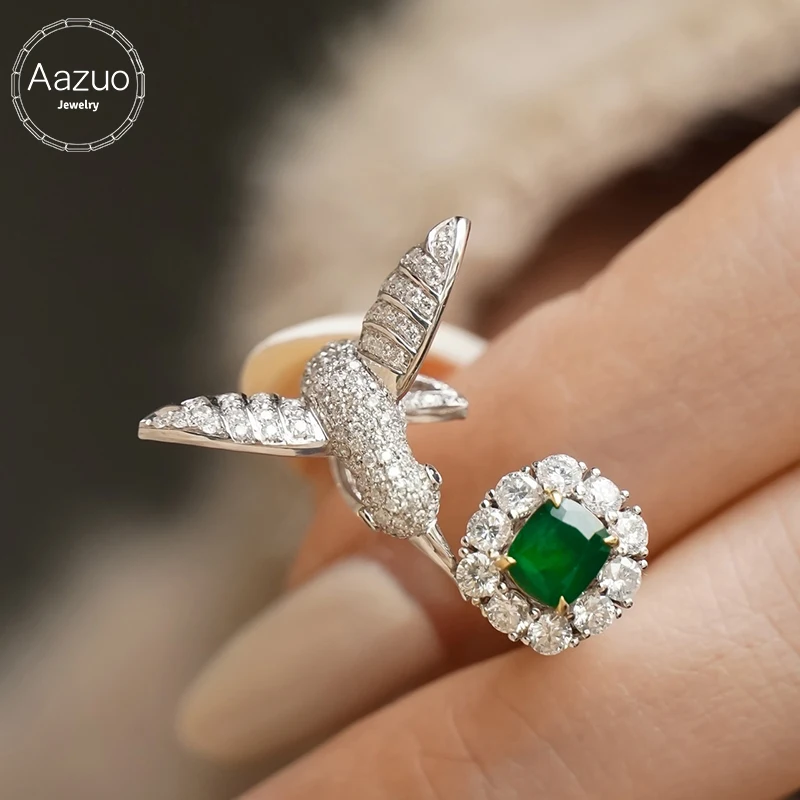 Anillo Aazuo Au750 de Oro Blanco Sólido de 18K con Esmeralda Natural y Diamante Real, Anillo Abierto con Diseño de Pájaro Encantador para Mujer, Ideal para Banquetes y Fiestas