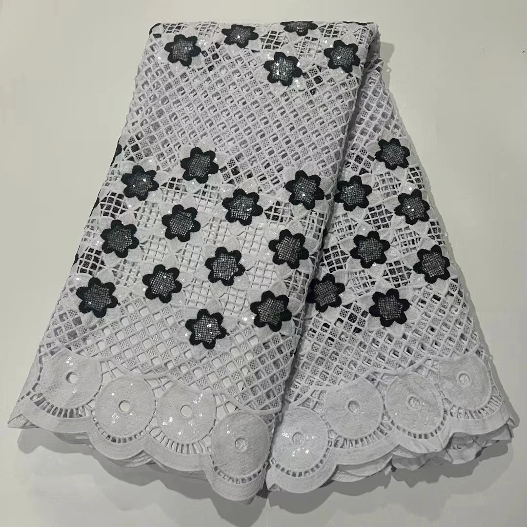 

White Black African Cord Lace Fabric With Sequins 2024 High Quality Nigerian Milk Silk Water Soluble Guipure Lace Fabric LR24119