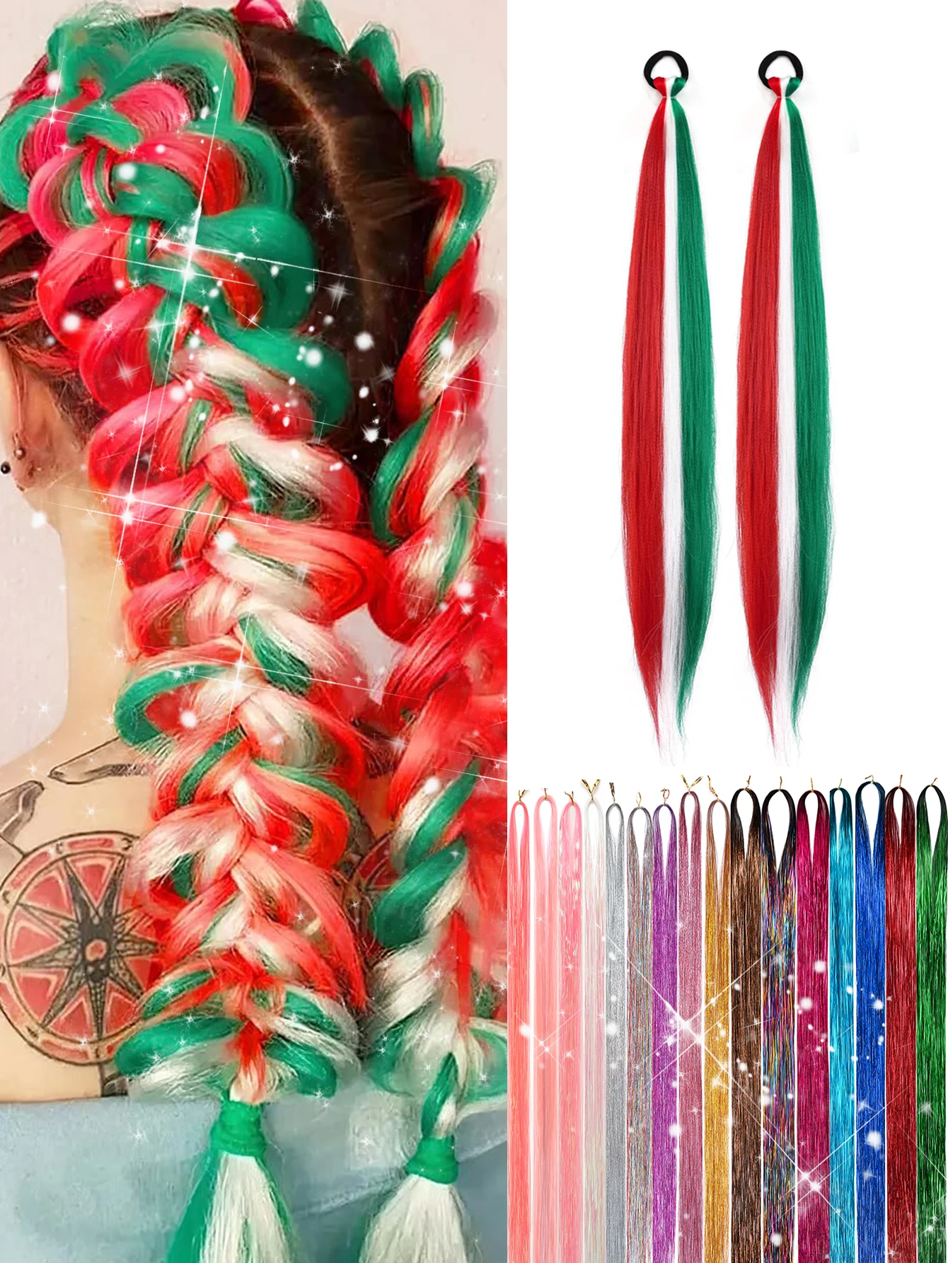 عيد الميلاد تجديل وصلات شعر أحمر أخضر خطوط الشعر الاصطناعية لصندوق الضفائر الكروشيه الضفائر عطلة حزب إكسسوارات الشعر #1
