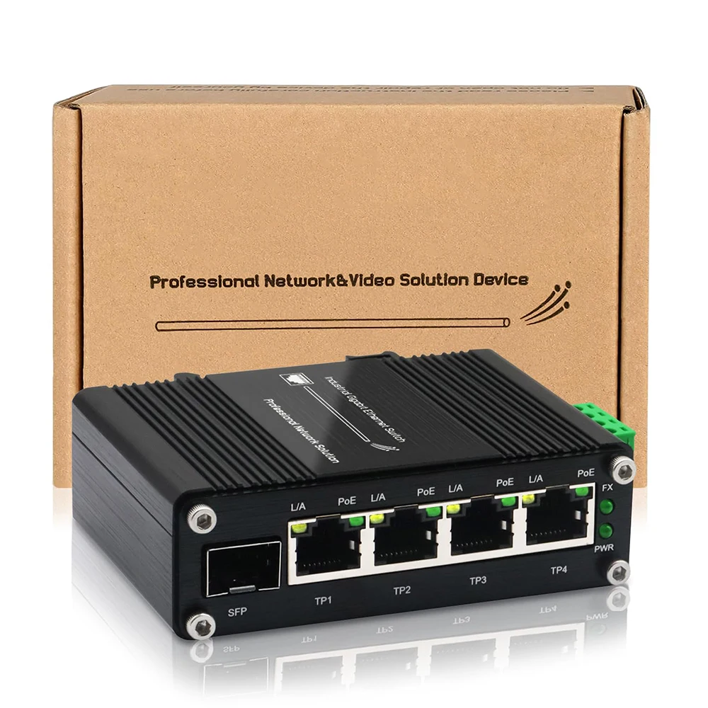 Industrial 4-Port Gigabit Solar PoE Switch | DC 12-48V Input, 48V PoE Output | SFP Uplink, IEEE 802.3af/at@120W Network Switch