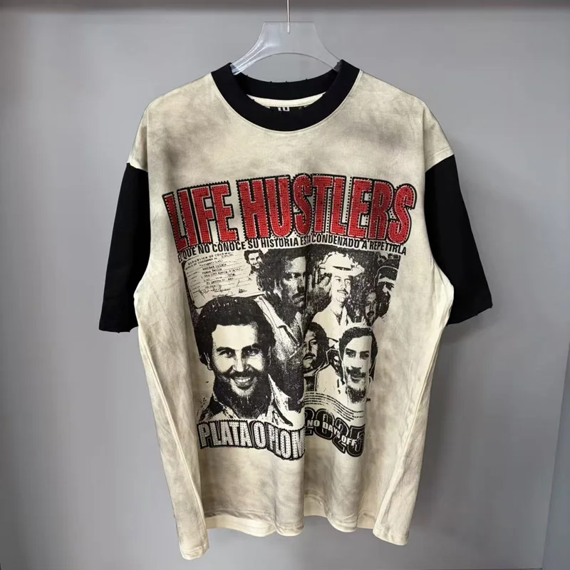 Stain Splice Color Life Hustlers Embroidery Rhinestone T Shirt Men Women Portrait Print Tee Hip Hop Cut Hole Washed Short Sleeve