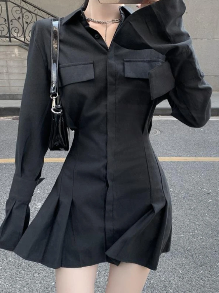 HOUZHOU abito camicia nera donna eleganti abiti Vintage a maniche lunghe Sexy gotico pieghettato Streetwear colletto rovesciato abito Casual