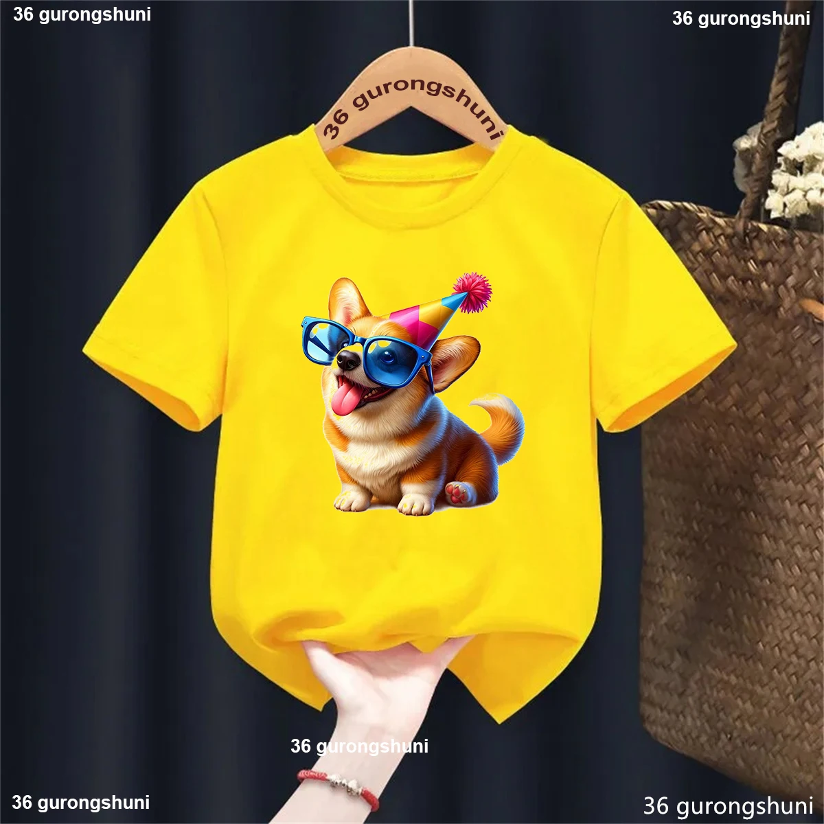 Rainbow Corgi Animal Printed Tshirt Girls/Boys Kawaii Kids Clothes White Yellow T Shirt Harajuku Shirt Summer Tops Tee T-Shirt