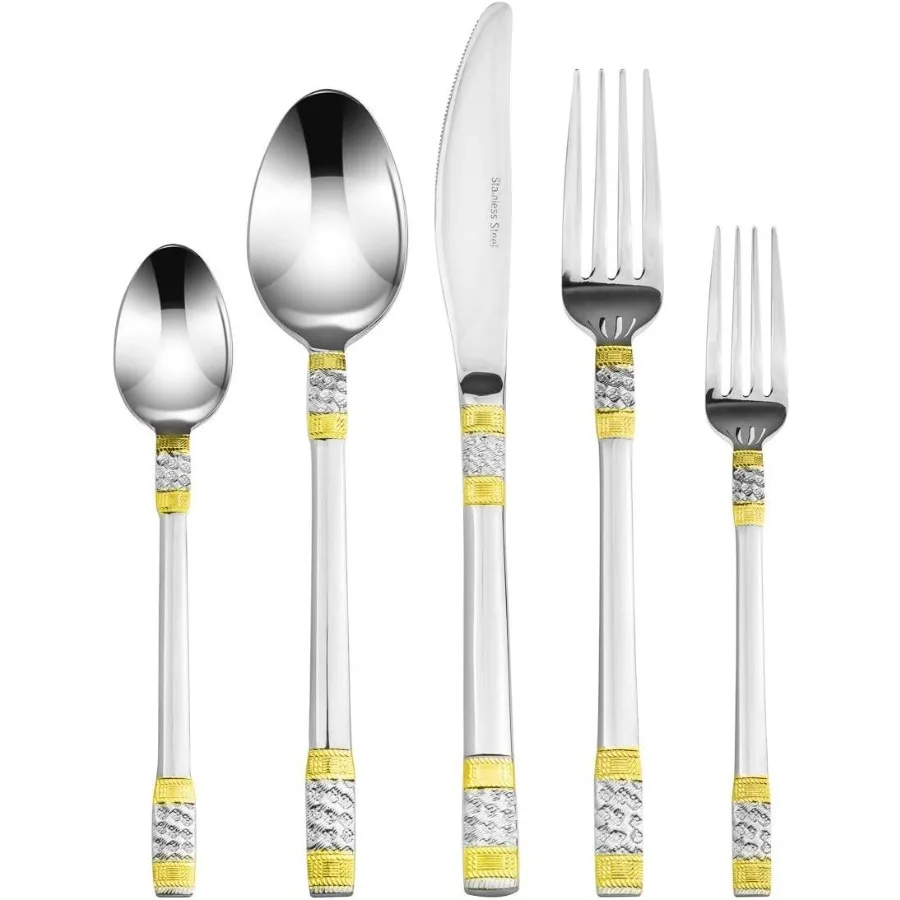 

20-Pc. Gold Flatware Set Service for 4, 18/10 Stainless Steel Silverware Cutlery, 24K Gold Trim