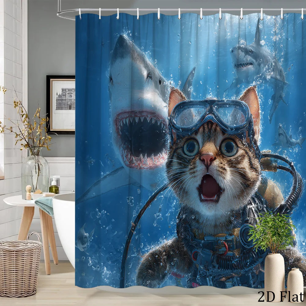 

2D Flat Ocean Adventure Shower Curtain Funny Cat and Shark Diving Design Unique Underwater Theme Bathroom Decor with Hooks