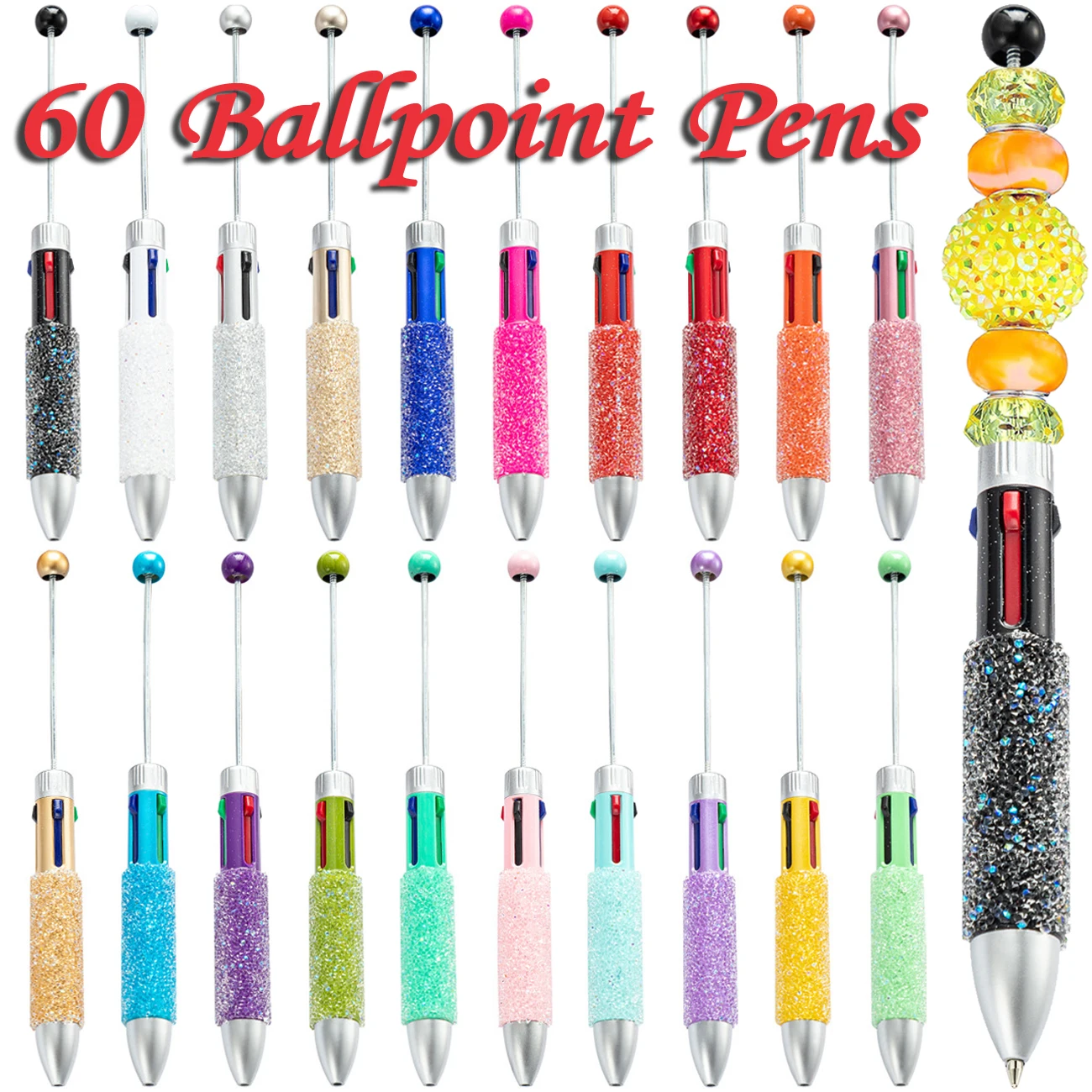 

60Pcs DIY Diamond Beaded Pen Plastic Pens Bead Ballpoint Pen for Gift Students Office School Supply DIY Wholesale