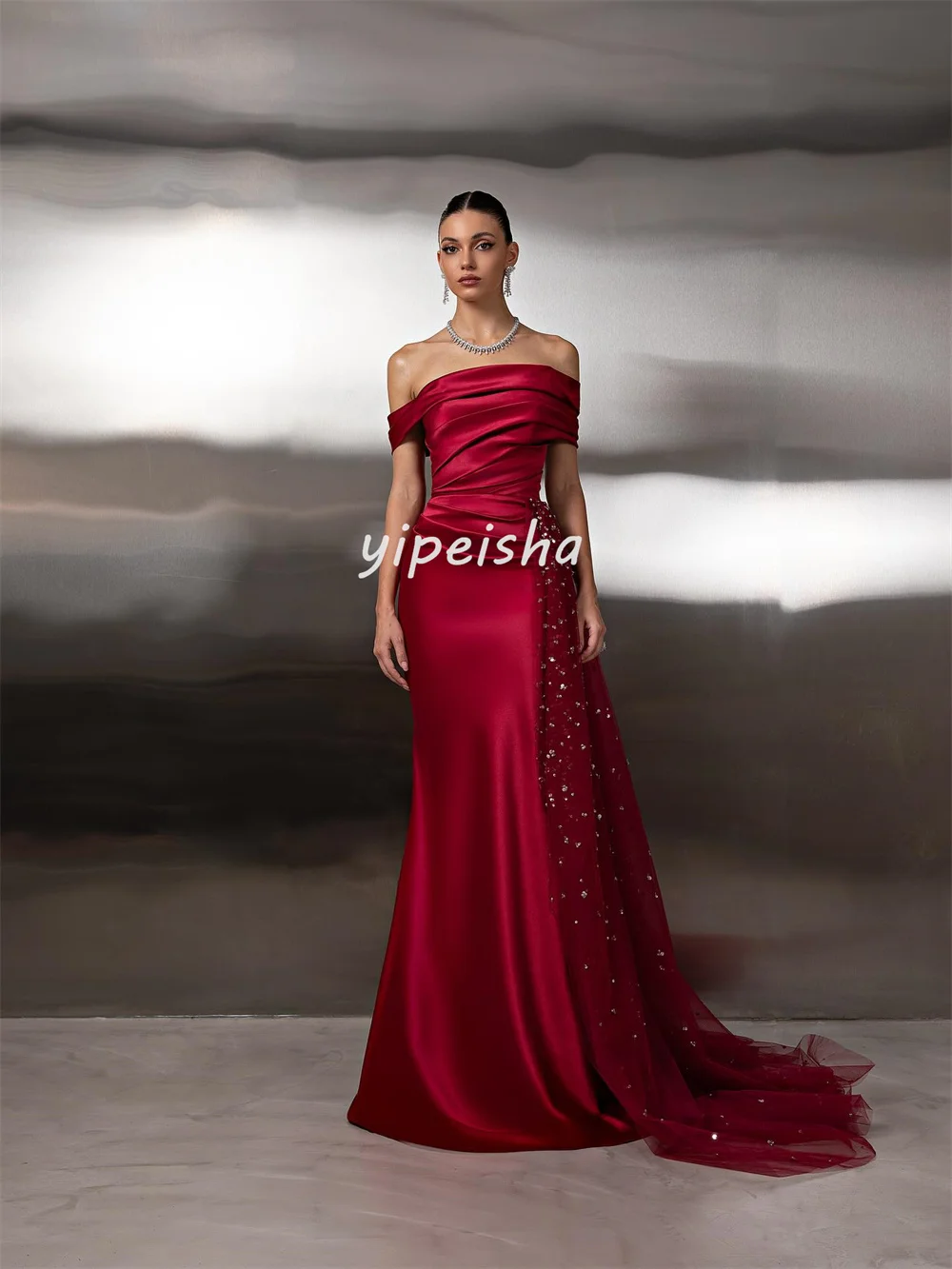 تخصيص البريق معقدة الطية ثنيات الديكور مطرزة حورية البحر خارج على الكتف فساتين طويلة مخصصة فساتين المناسبات الرجعية #4