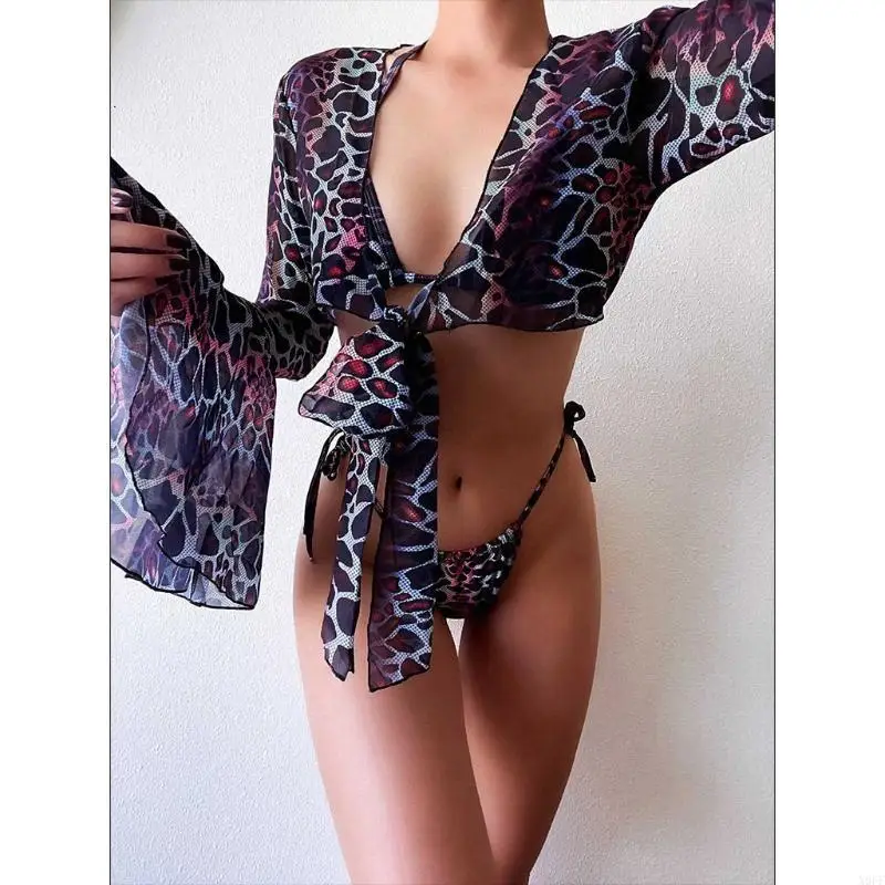 

X9FF сексуальный леопардовый комплект из 3 предметов, женский купальник с лямкой на шее для треугольного бикини с расклешенным