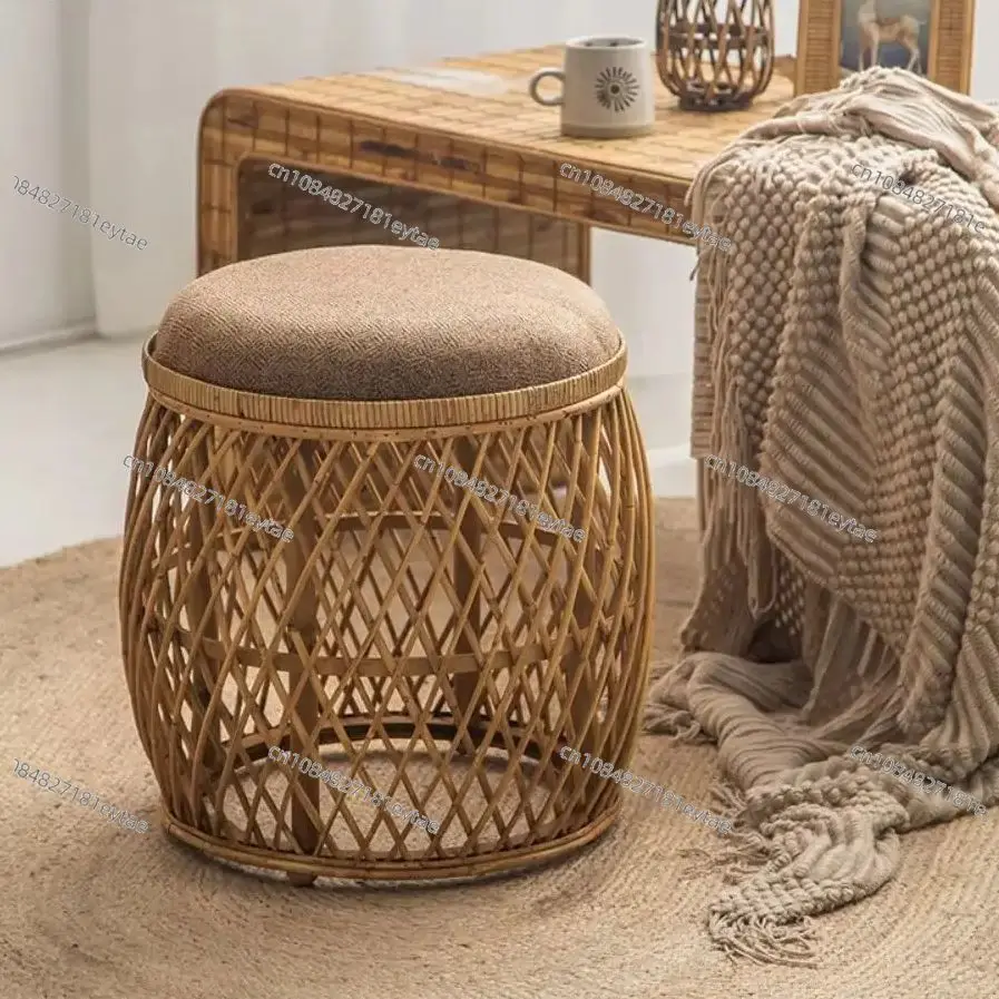 Retro Bamboo Woven Rattan round Stool Japanese Style Indoor Low Coffee Table Makeup Dressing B&B Furniture