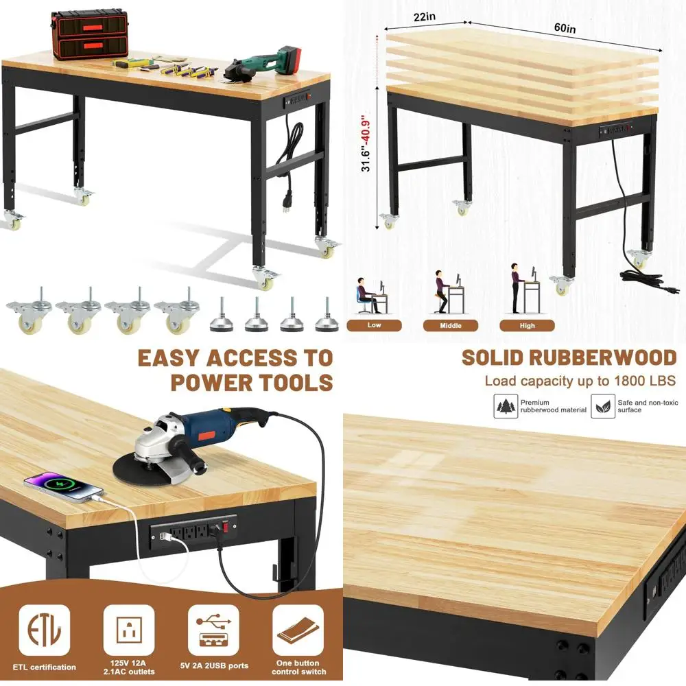 منضدة عمل شديدة التحمل قابلة للتعديل بسعة 1800 رطلاً، وطاولة عمل من الخشب الصلب، ومنافذ دوارة ومنافذ طاقة #1