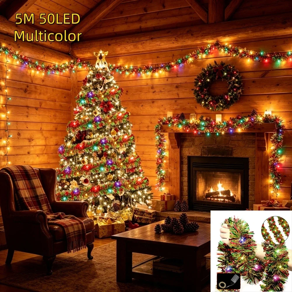 5M Christmas Tinsel Garland Metallic Shiny Garland with 50LED Lights Xmas Tree Garland Thick Hanging for Home Indoor Decor
