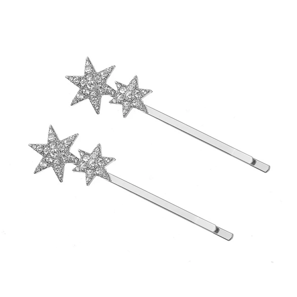 

2PCS Five-pointed Star Hairpin Silver Crystal Bobby Pins Fashion Pentagram Hair Clips Accessories for Girls Women