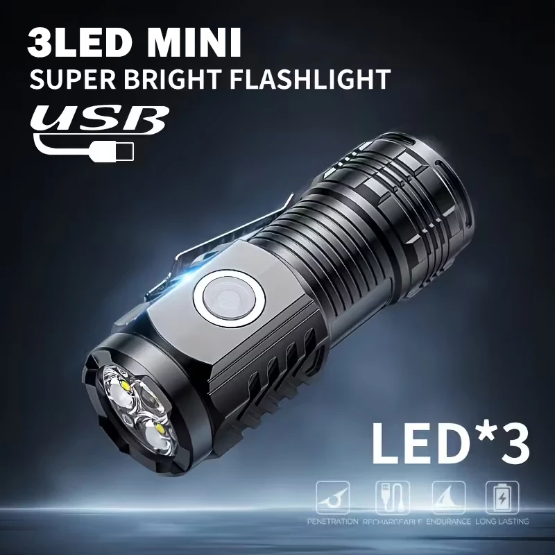 

Мини-фонарик с 3 светодиодами и клипсой для ручки, для ночных прогулок, портативный, яркий, перезаряжаемый, водонепроницаемый, аварийный прожектор, уличный фонарь