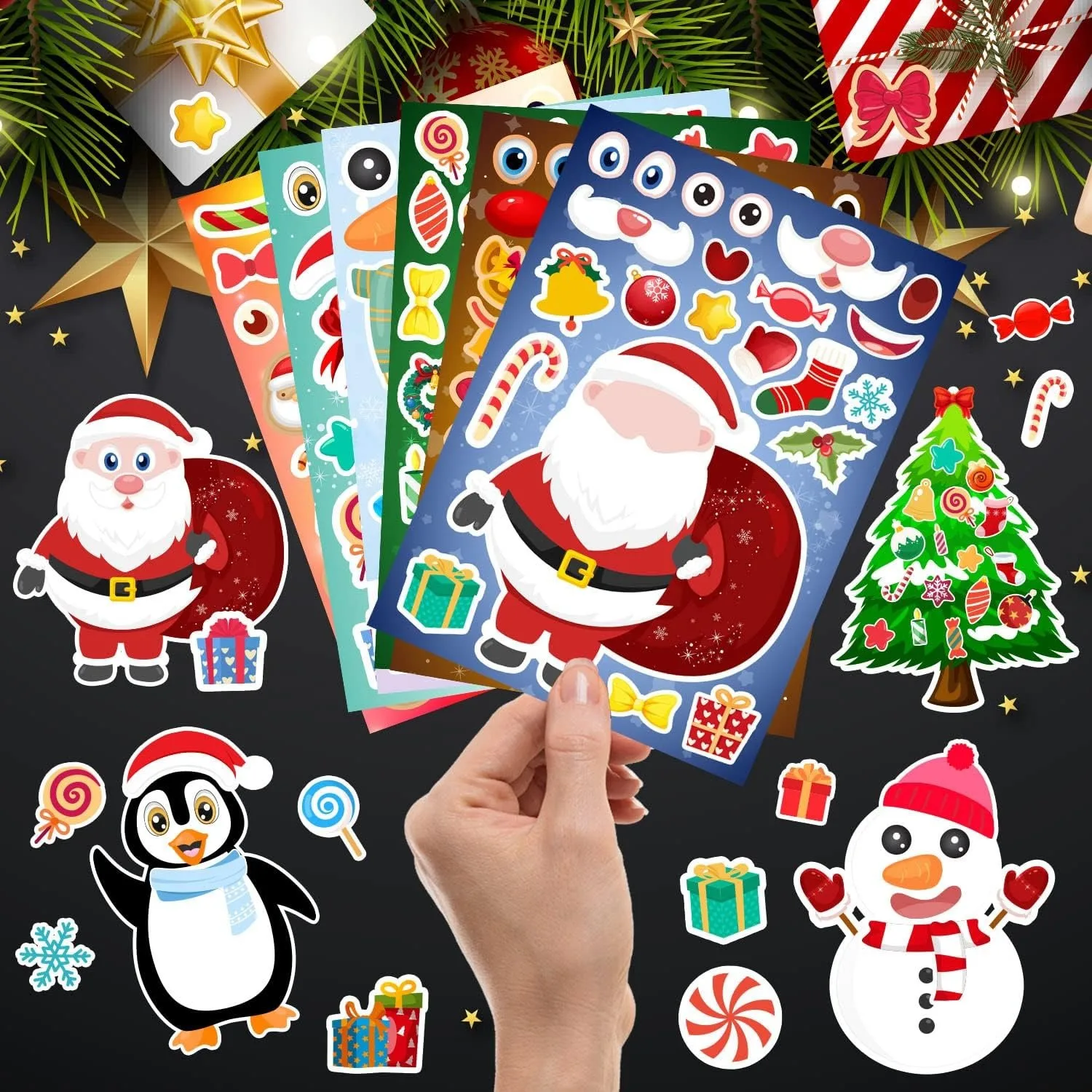 6/12 Vellen Cartoon Kerst Puzzel Stickers Kids DIY Pinguïn Elanden Kerstman Maken Een Gezicht Stickers Kinderen Educatief Speelgoed