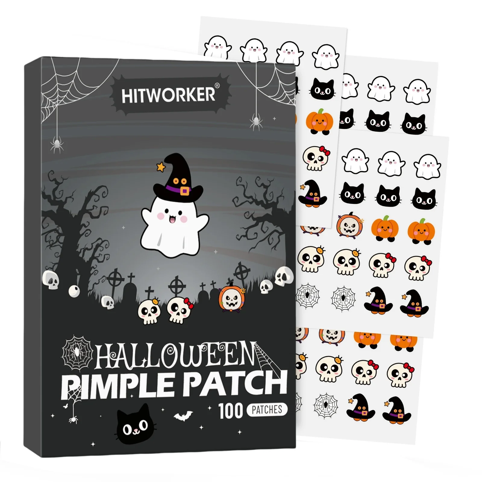 100pcs HITWORKER Halloween Hydrocolloid Acne Patches – Pumpkin & Bat Shapes, Alcohol & Fragrance-Free, For All Light Beige Skin,