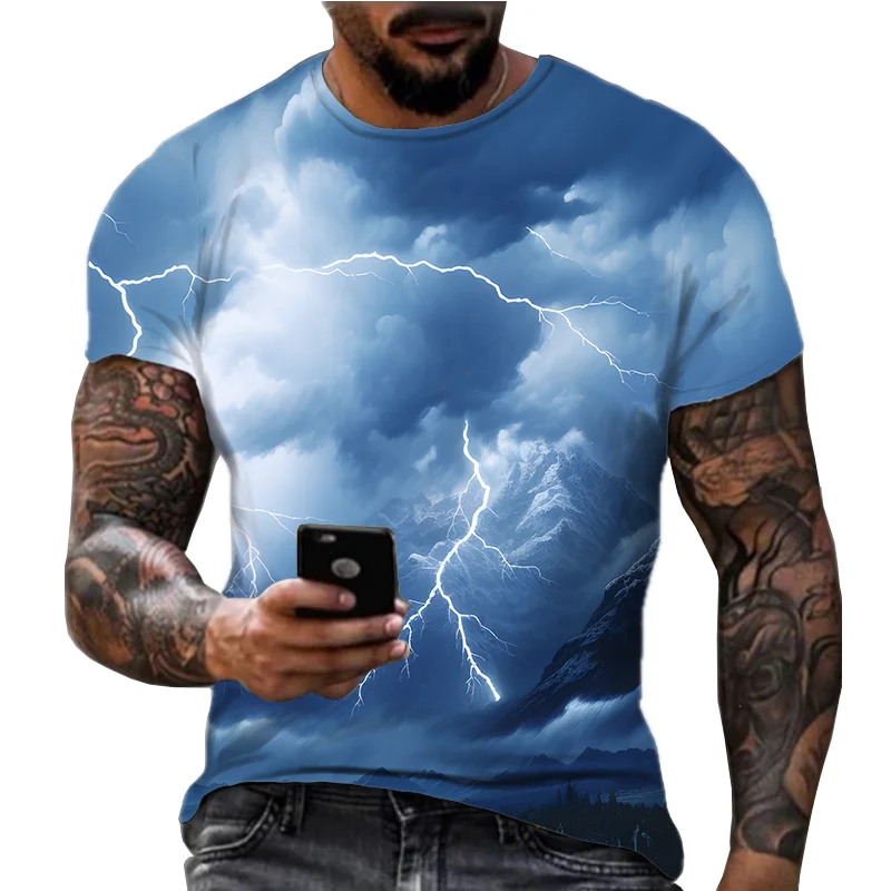 2024 Summer New Men's Thunderbolt Style 3D Printed Digital Casual Quick Drying Breathable Fitness Loose T-shirt