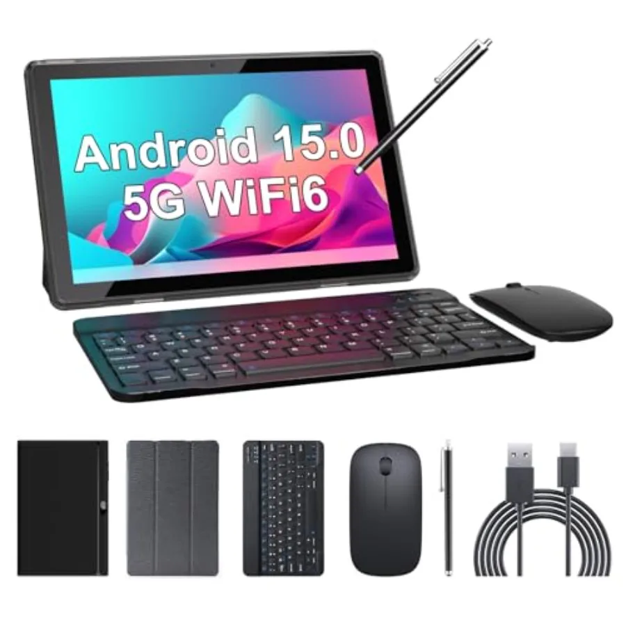 

10.1 inch 2 in 1 Android 15 Tablet with Keyboard Case Mouse Stylus 8GB+32GB/1TB Expansion Touch Screen 6000mAh Battery 2MP+8MP