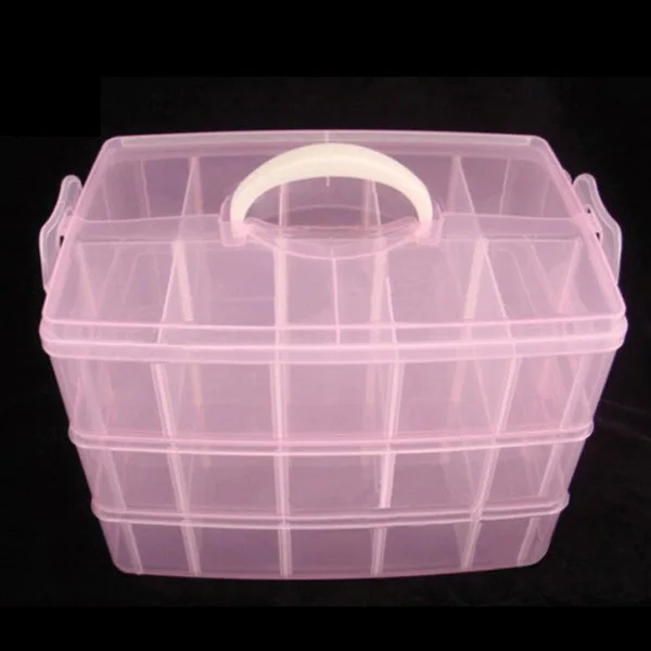 

3-Layer 30 Grids Detachable Pink Plastic Makeup Jewelry Storage Case Organizer Container Easy Grip Handle