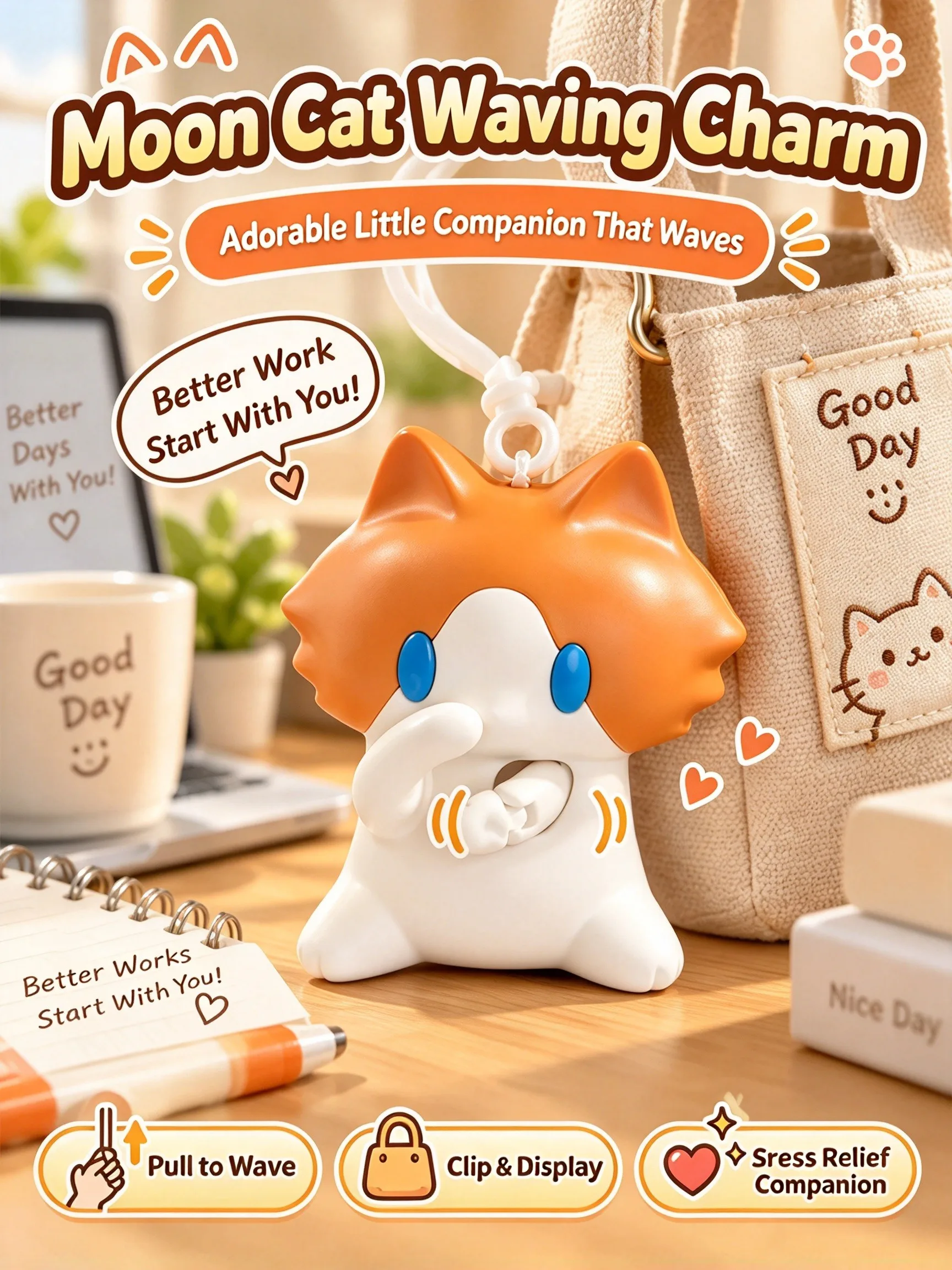Cute Monthly Salary Cat Waving Bag Charm Pull Ring Swing Movable Paws Kitty Keychain Stress Relief Fidget Toy Backpack Pendant