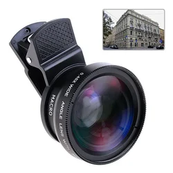 Cep telefonu kamera Lens 2 in 1 klipsli Lens kiti en akıllı telefonlar için süper geniş açı ve makro telefon kamera Lens siyah